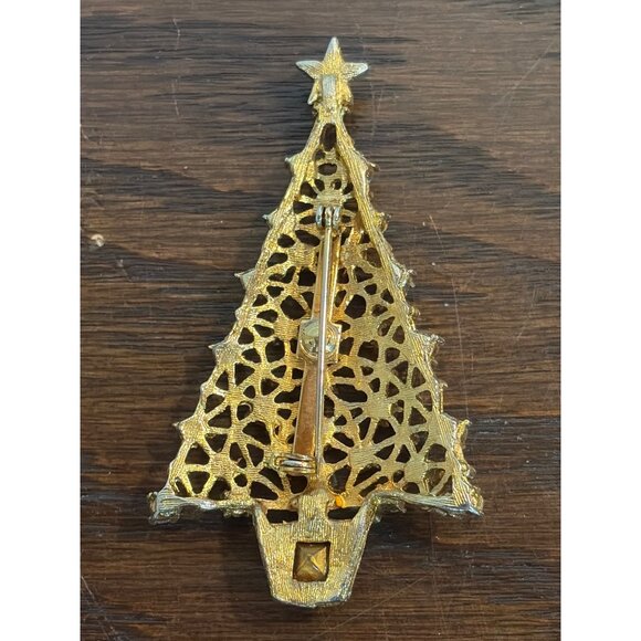 Vintage Gold-Tone Christmas Tree Brooch With Green & Blue Rhinestones - Picture 3 of 3